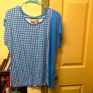 A blue and white Half polka-dotted short sleeved shirt